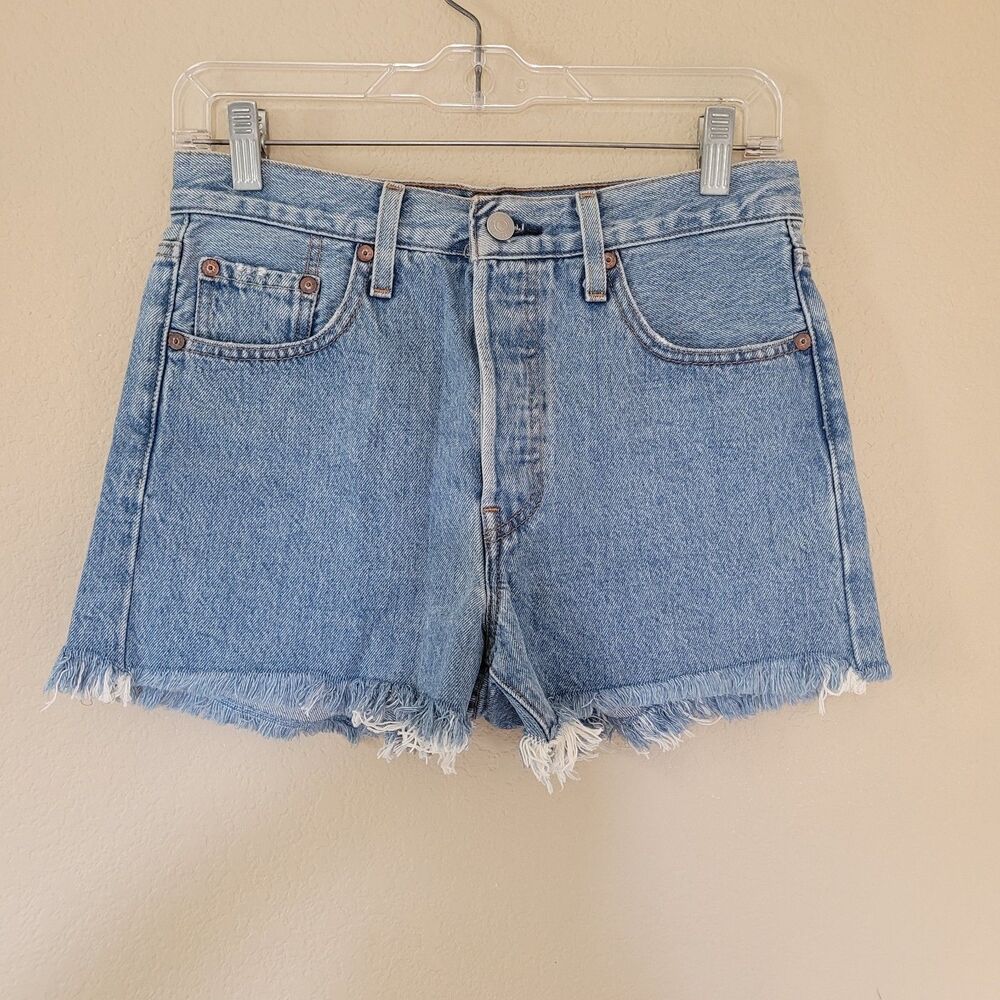 Levis Premium 501 Cut Off Jean Shorts Size 25 Blue High Rise Button Fly Raw Hem